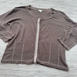 J. Jill Linen Blend Cardigan L Brown Whipstitch Lace Trim Button Front